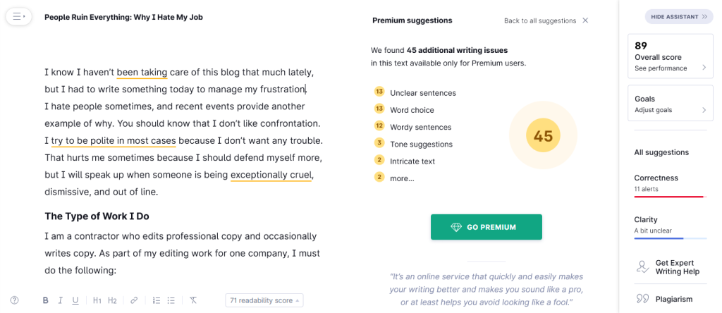 A screenshot of a Grammarly editor before any edits were done. This image shows the title of this post and the first 113 words of it. The program has 11 alerts for spelling and grammar, plus 45 other suggestions for improving the text.